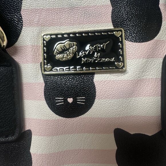 Betsey Johnson Luv Black Cat Crossbody Purse Pink Striped Handbag Designer Glam - Picture 2 of 12